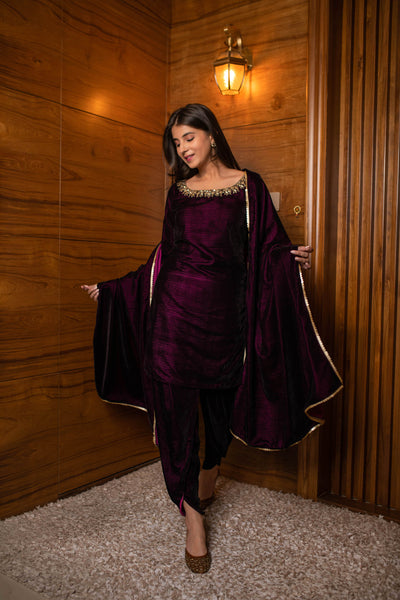 Women's Wine Velvet Dhoti With Hand Work
