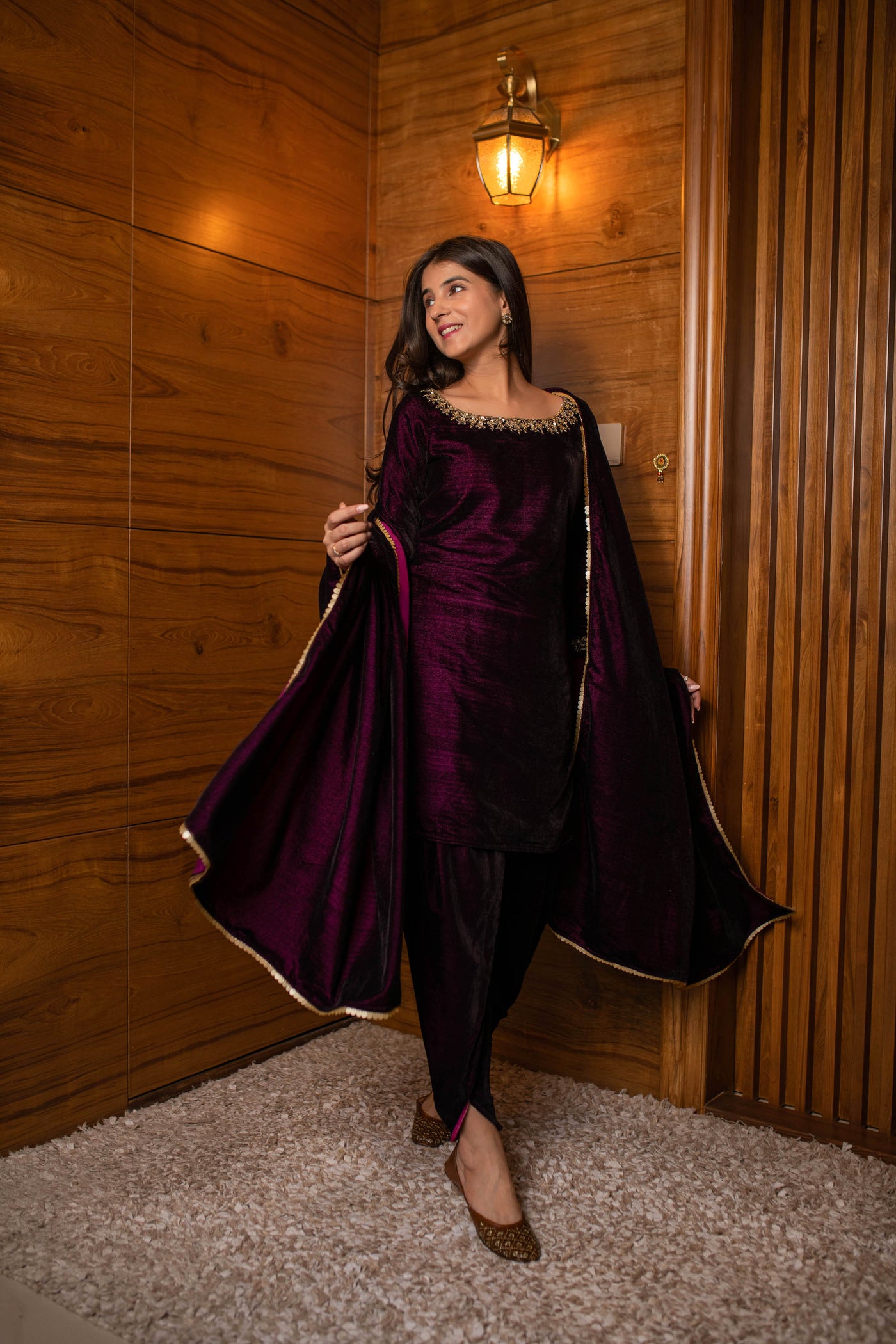 Women's Wine Velvet Dhoti With Hand Work