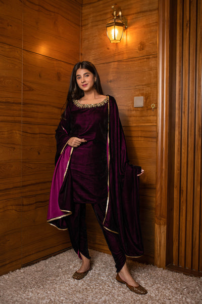 Women's Wine Velvet Dhoti With Hand Work