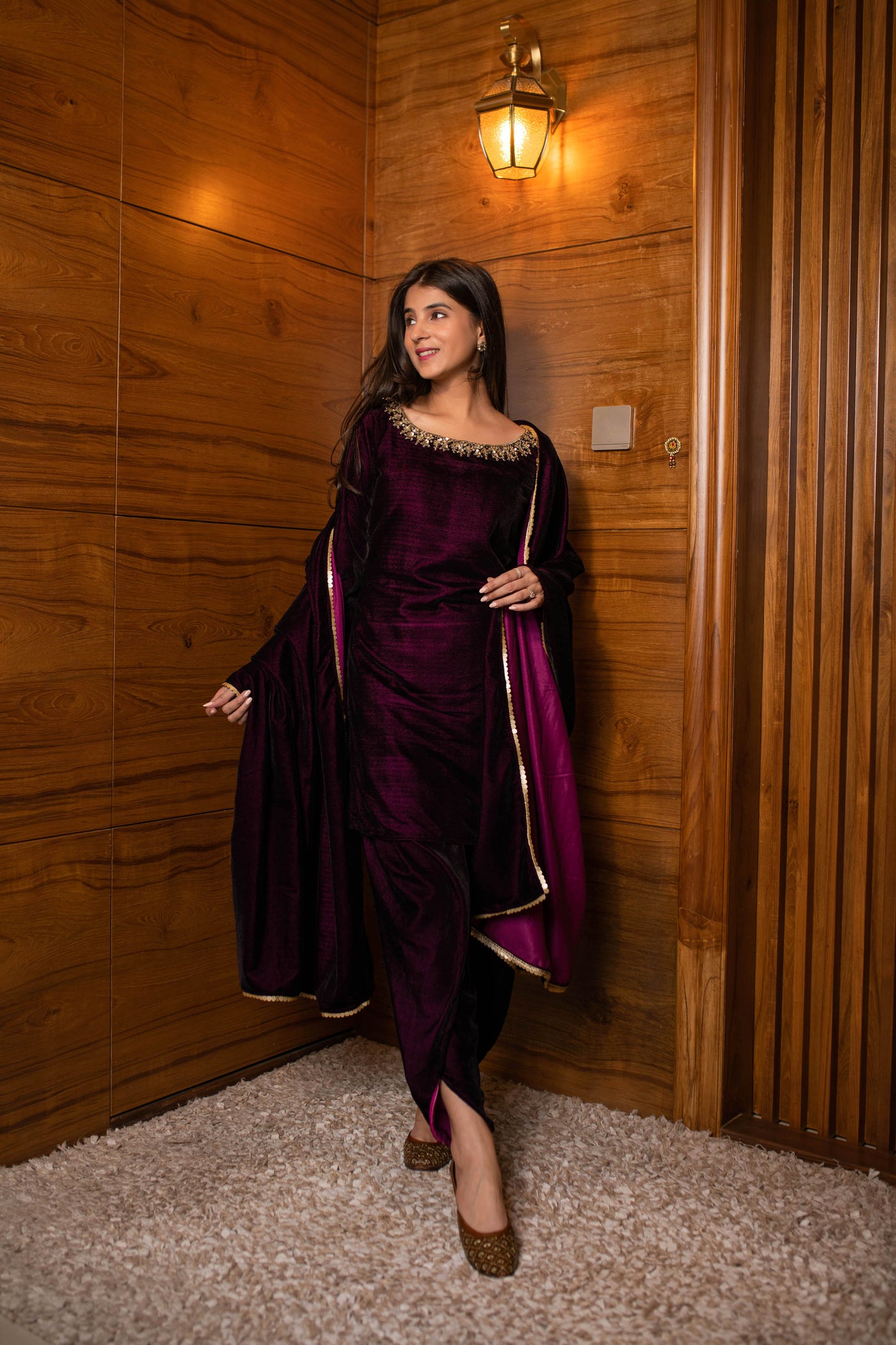 Women's Wine Velvet Dhoti With Hand Work