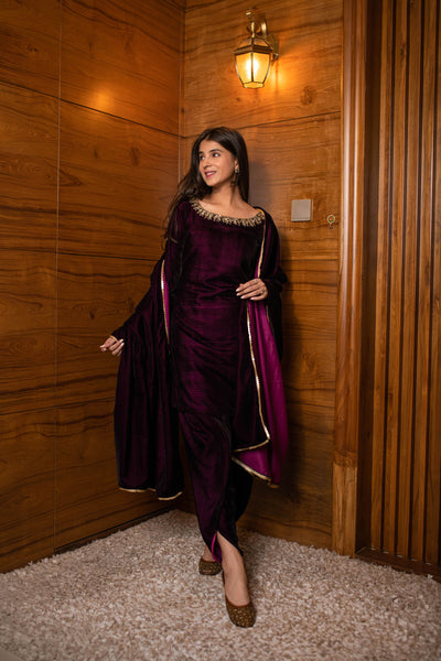 Women's Wine Velvet Dhoti With Hand Work