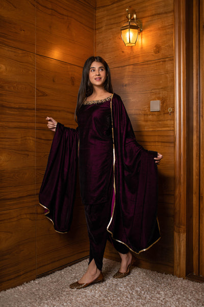 Women's Wine Velvet Dhoti With Hand Work