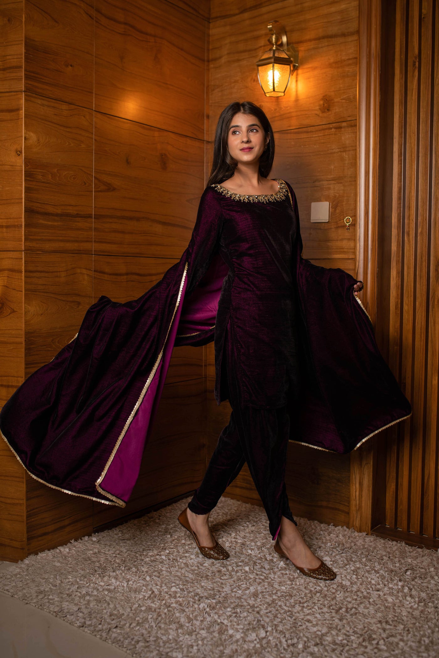 Women's Wine Velvet Dhoti With Hand Work
