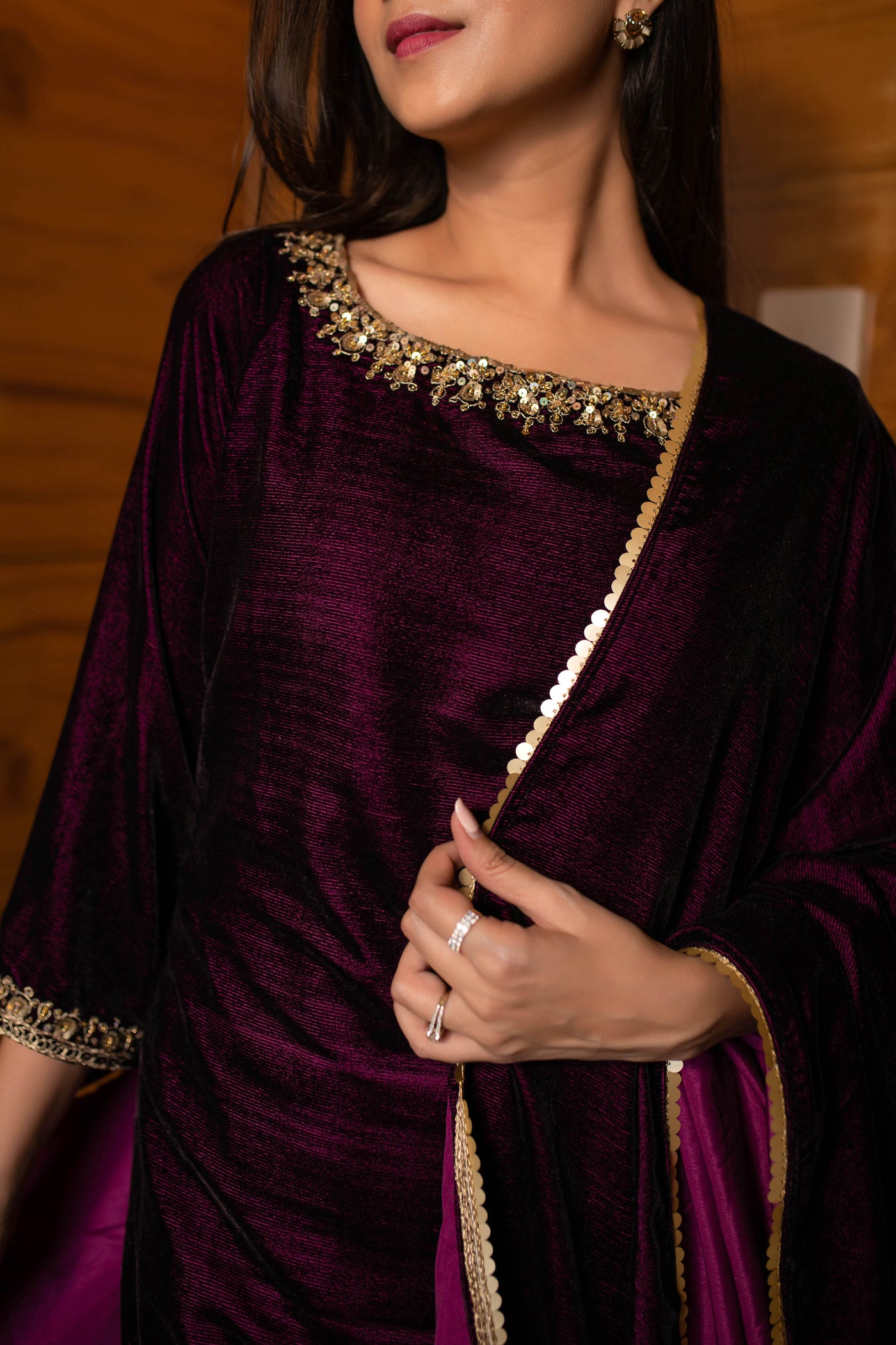 Women's Wine Velvet Dhoti With Hand Work