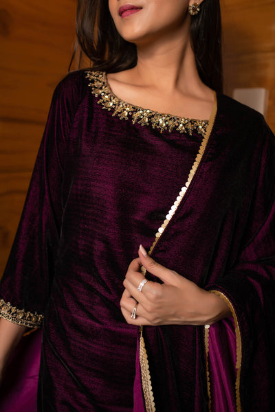 Women's Wine Velvet Dhoti With Hand Work