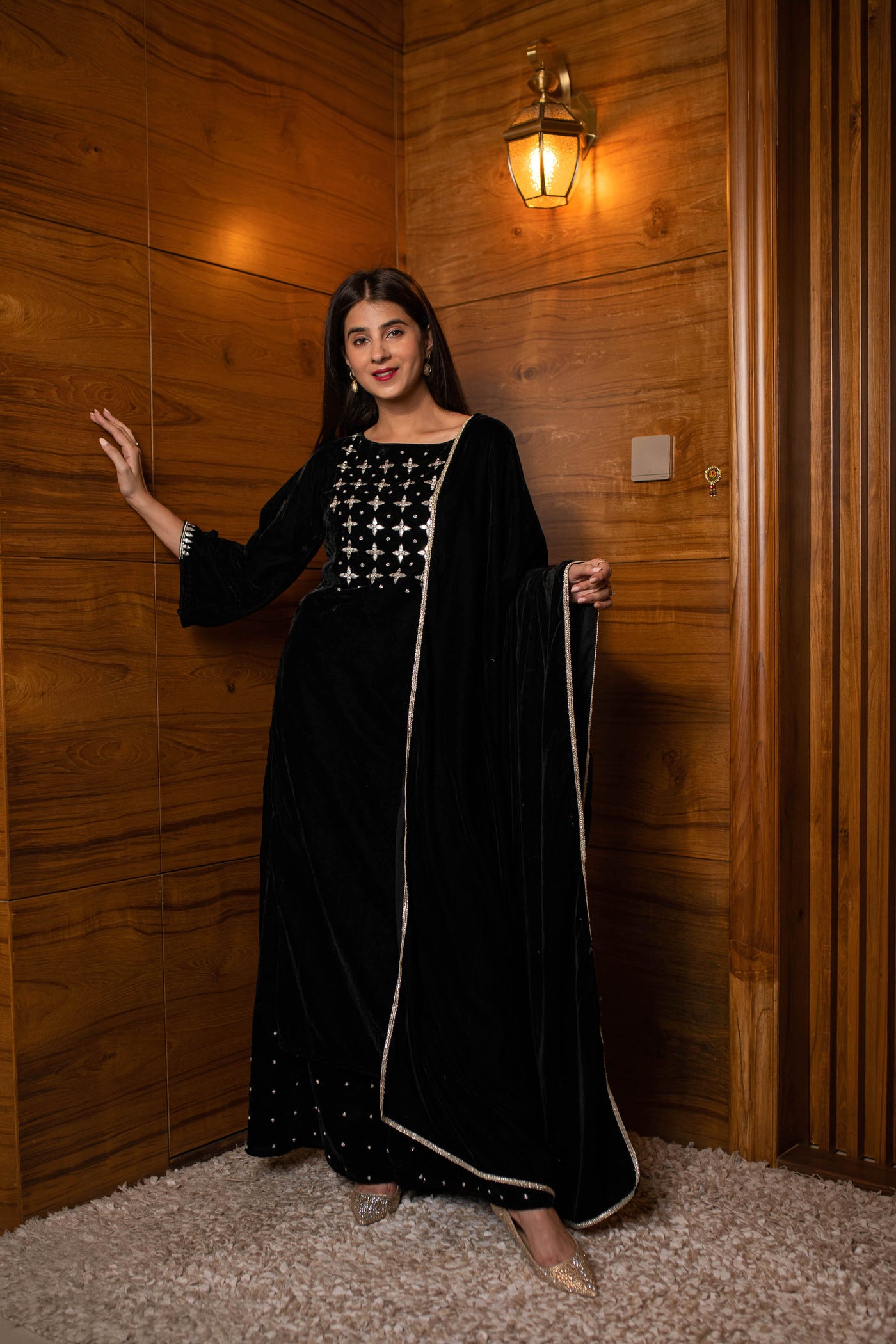 Women's Black Silver Hand Work Kurta Palazzo Set