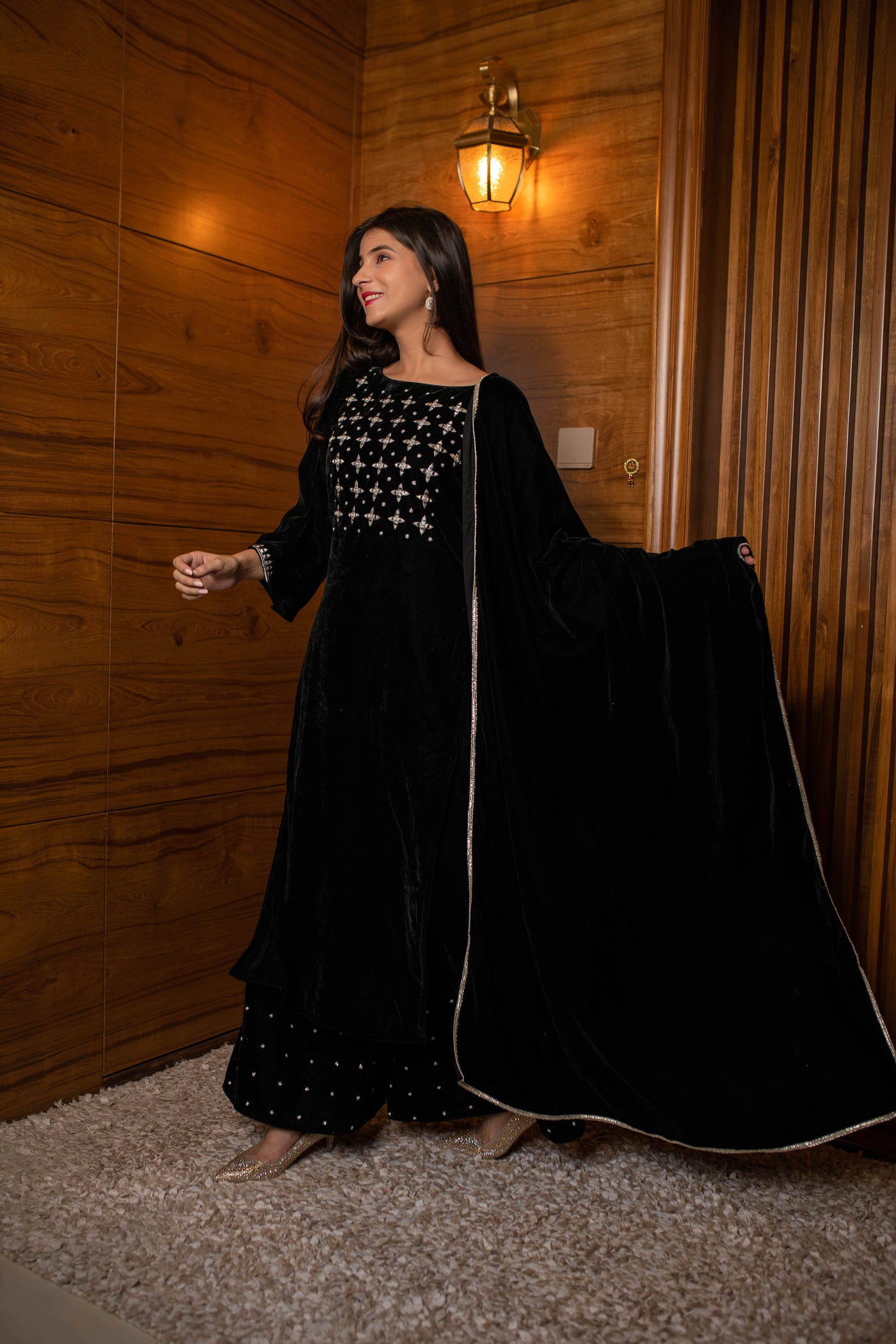 Women's Black Silver Hand Work Kurta Palazzo Set