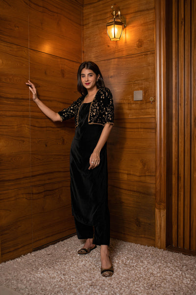 Women's Black Overcoat Velvet Set