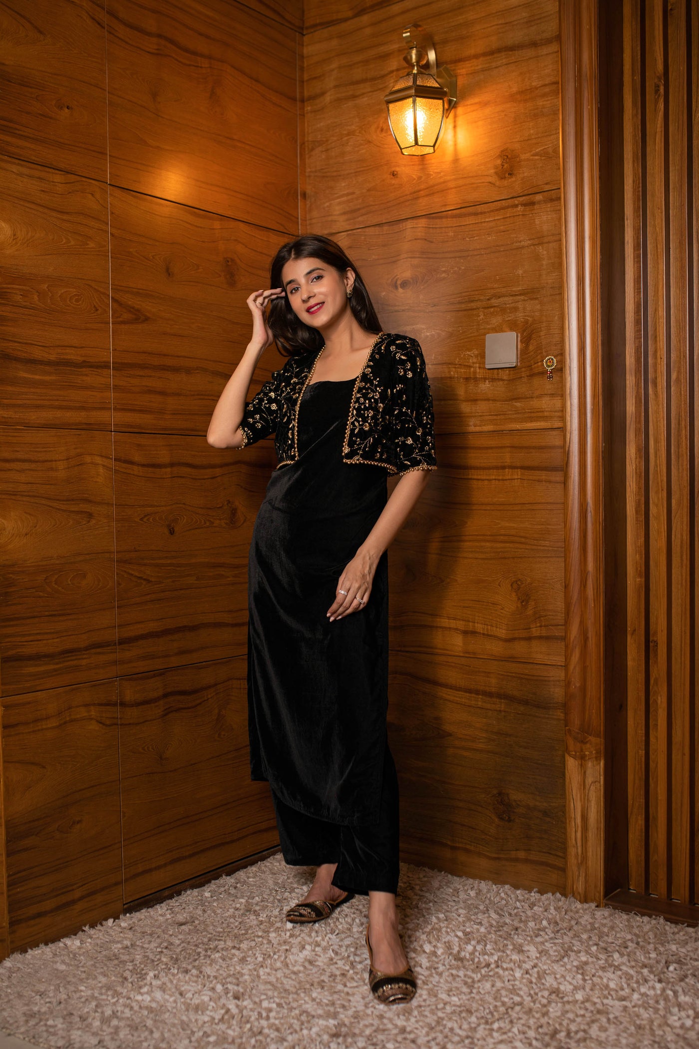 Women's Black Overcoat Velvet Set