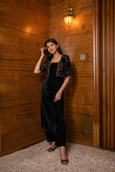 Women's Black Overcoat Velvet Set