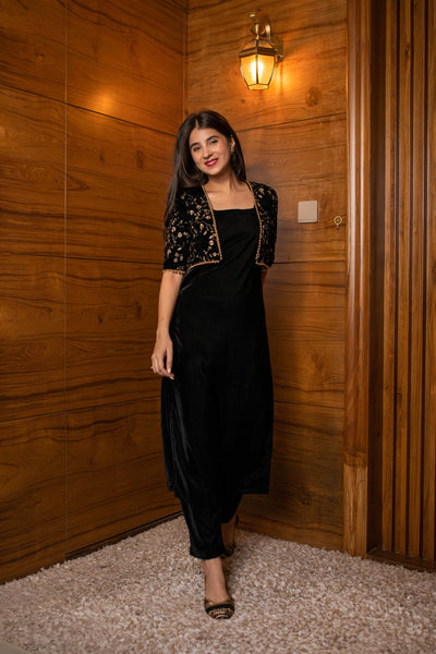 Women's Black Overcoat Velvet Set