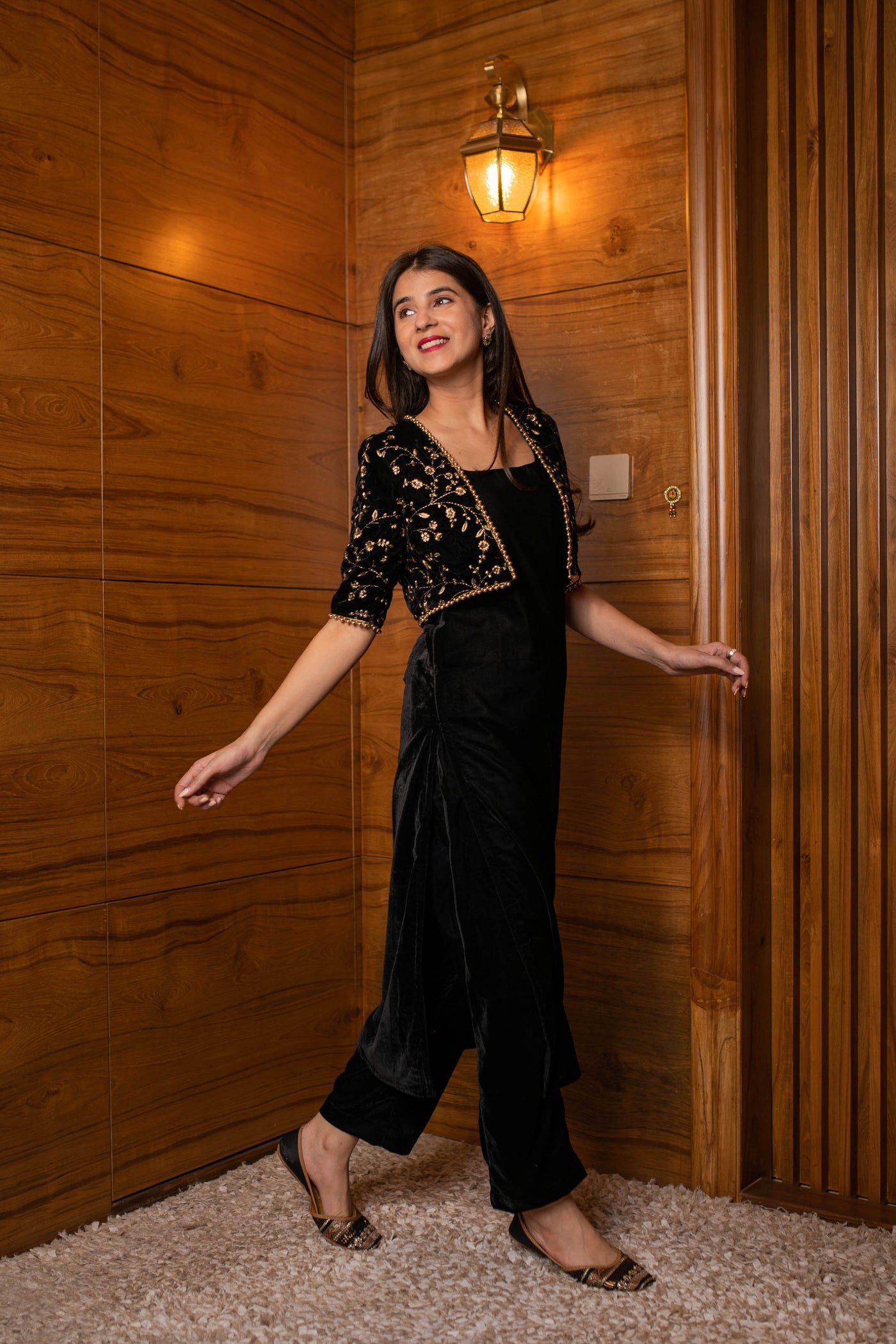 Women's Black Overcoat Velvet Set