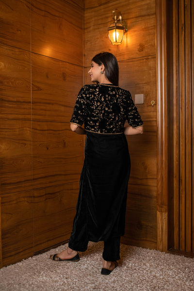 Women's Black Overcoat Velvet Set