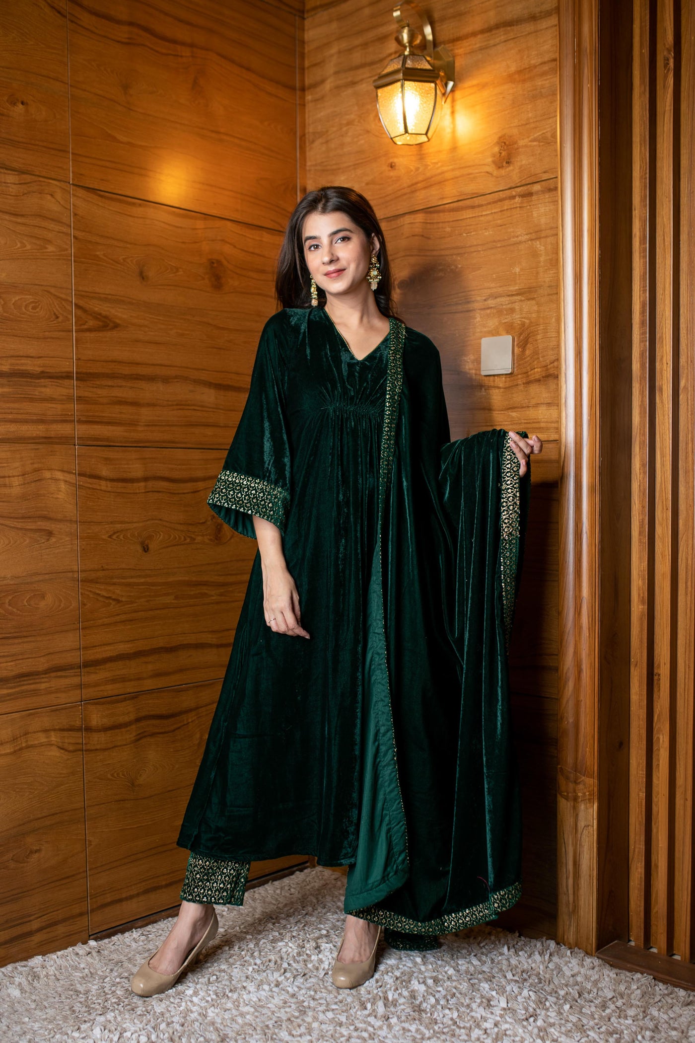 Women's Bottle Green Velvet A Line Kurta Set