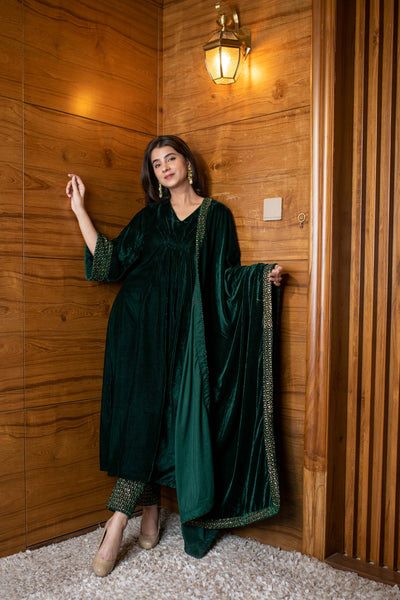 Women's Bottle Green Velvet A Line Kurta Set