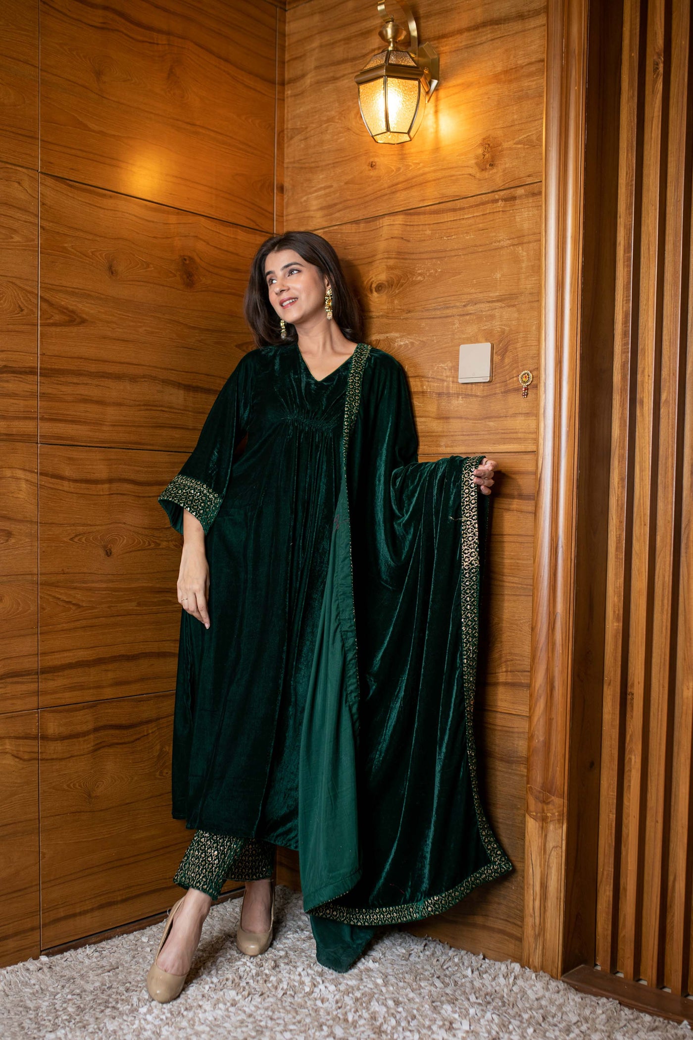 Women's Bottle Green Velvet A Line Kurta Set