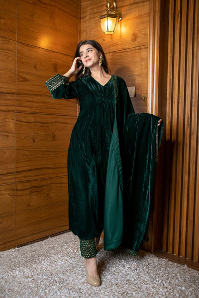 Women's Bottle Green Velvet A Line Kurta Set