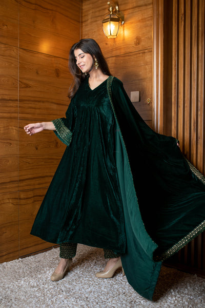 Women's Bottle Green Velvet A Line Kurta Set