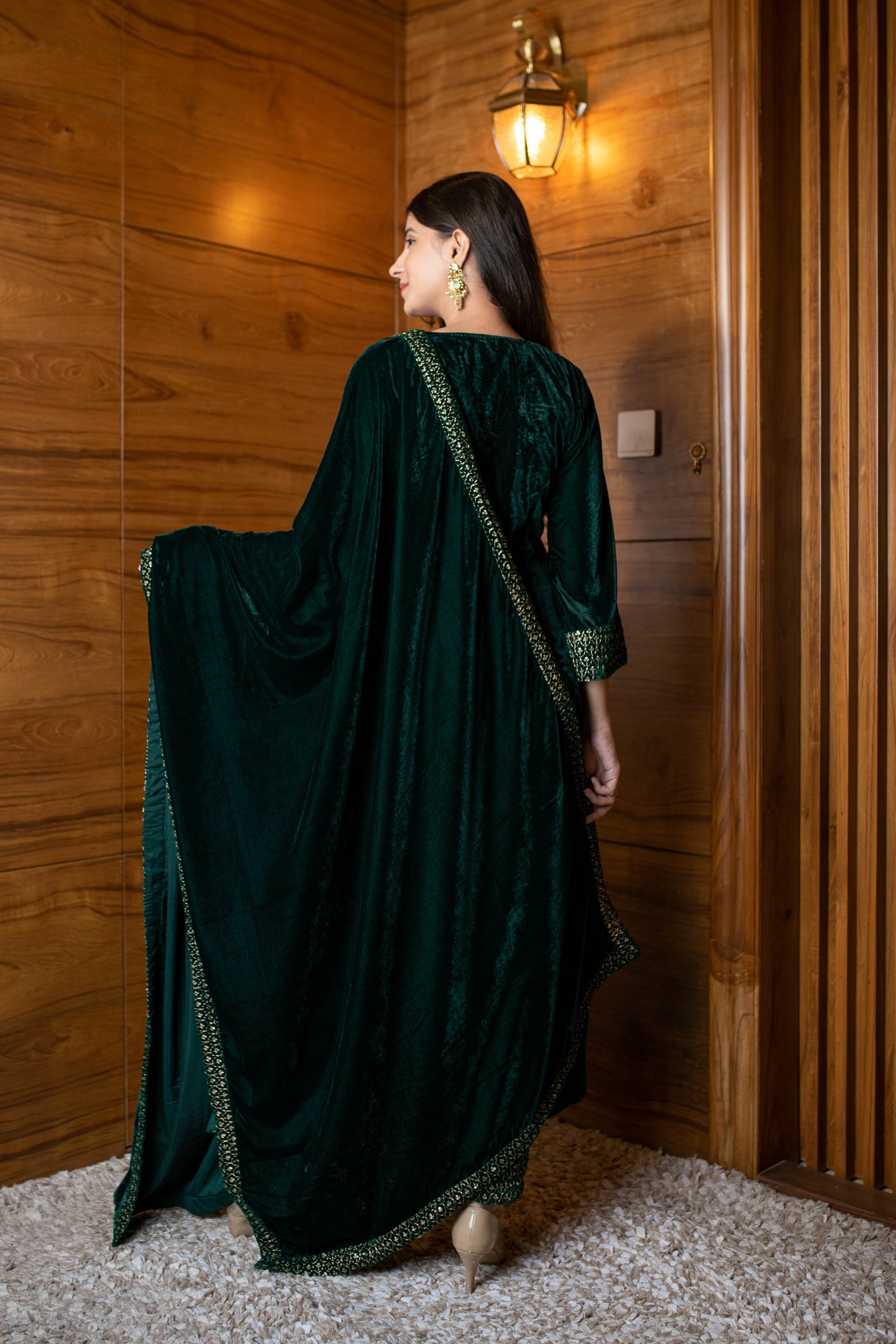 Women's Bottle Green Velvet A Line Kurta Set