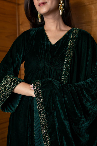 Women's Bottle Green Velvet A Line Kurta Set
