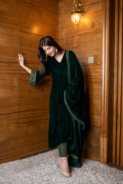 Women's Bottle Green Velvet A Line Kurta Set