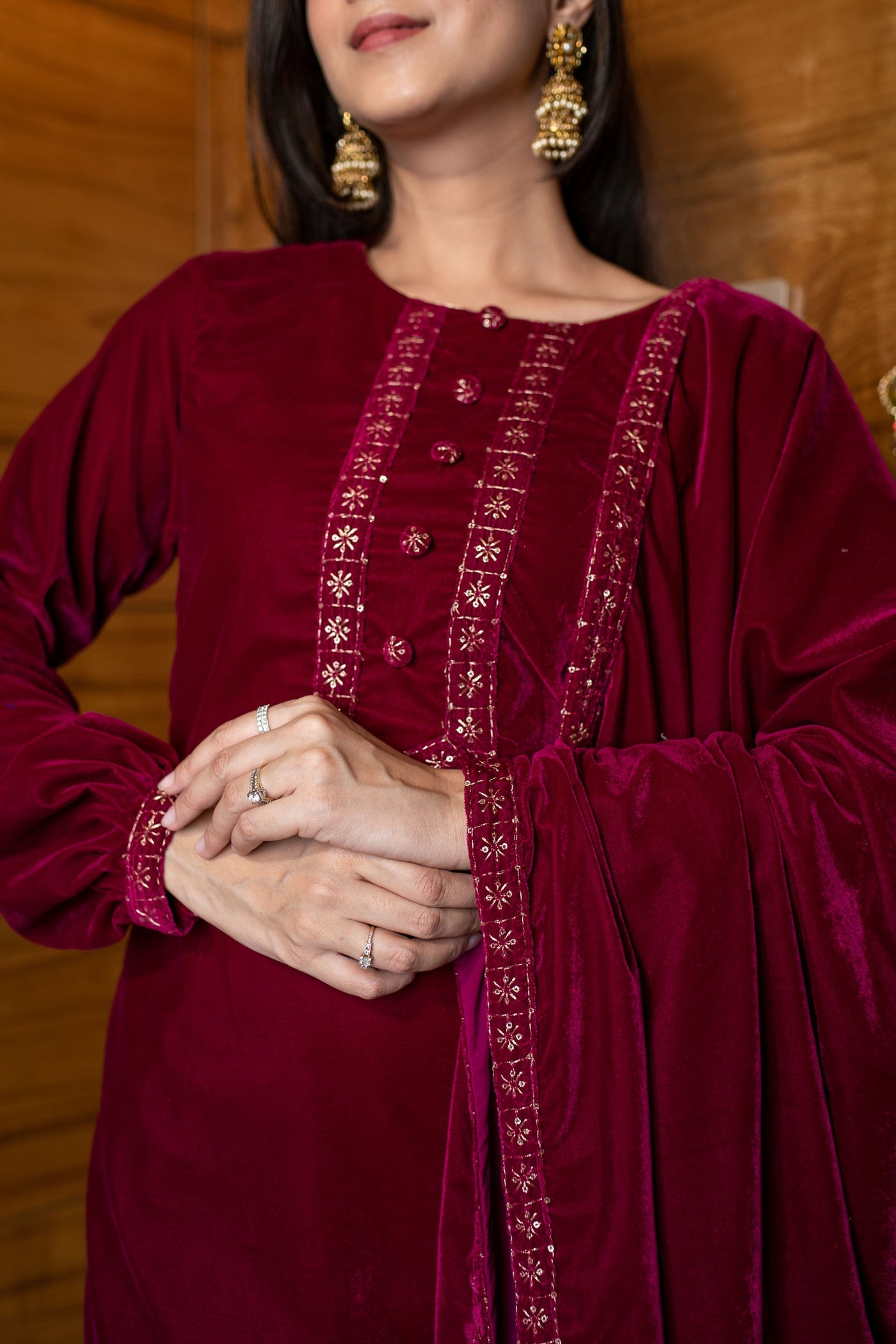 Women's Pink Velvet Kurta Set