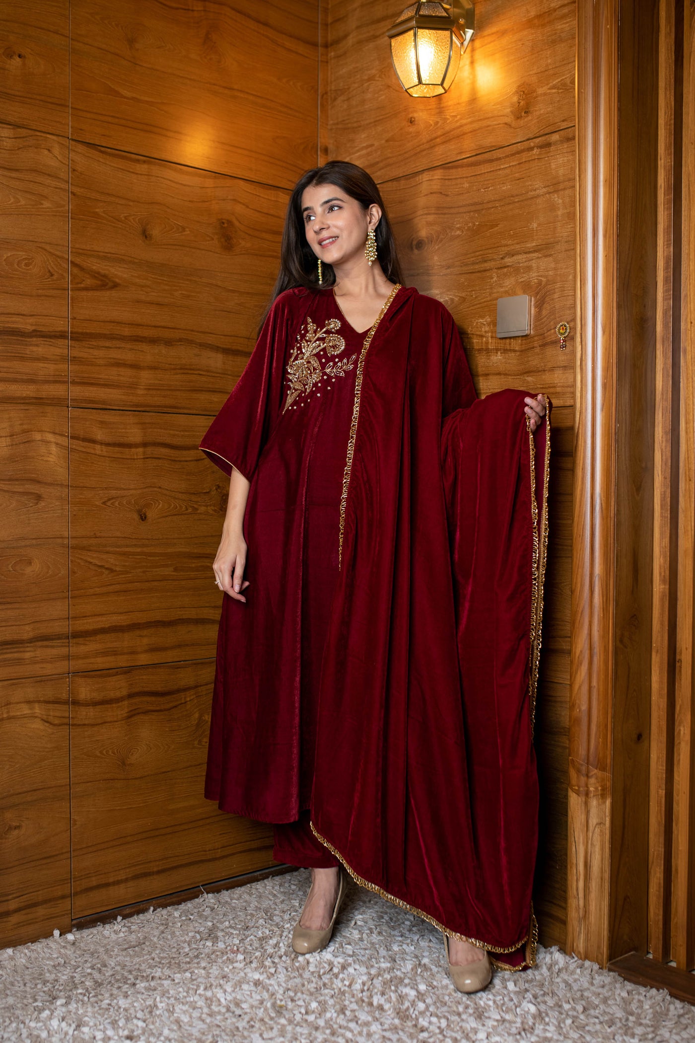Women's Maroon Velvet Hand Work Kurta Set