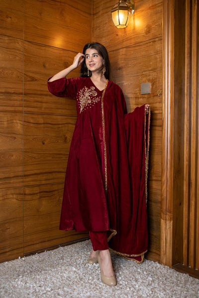 Women's Maroon Velvet Hand Work Kurta Set