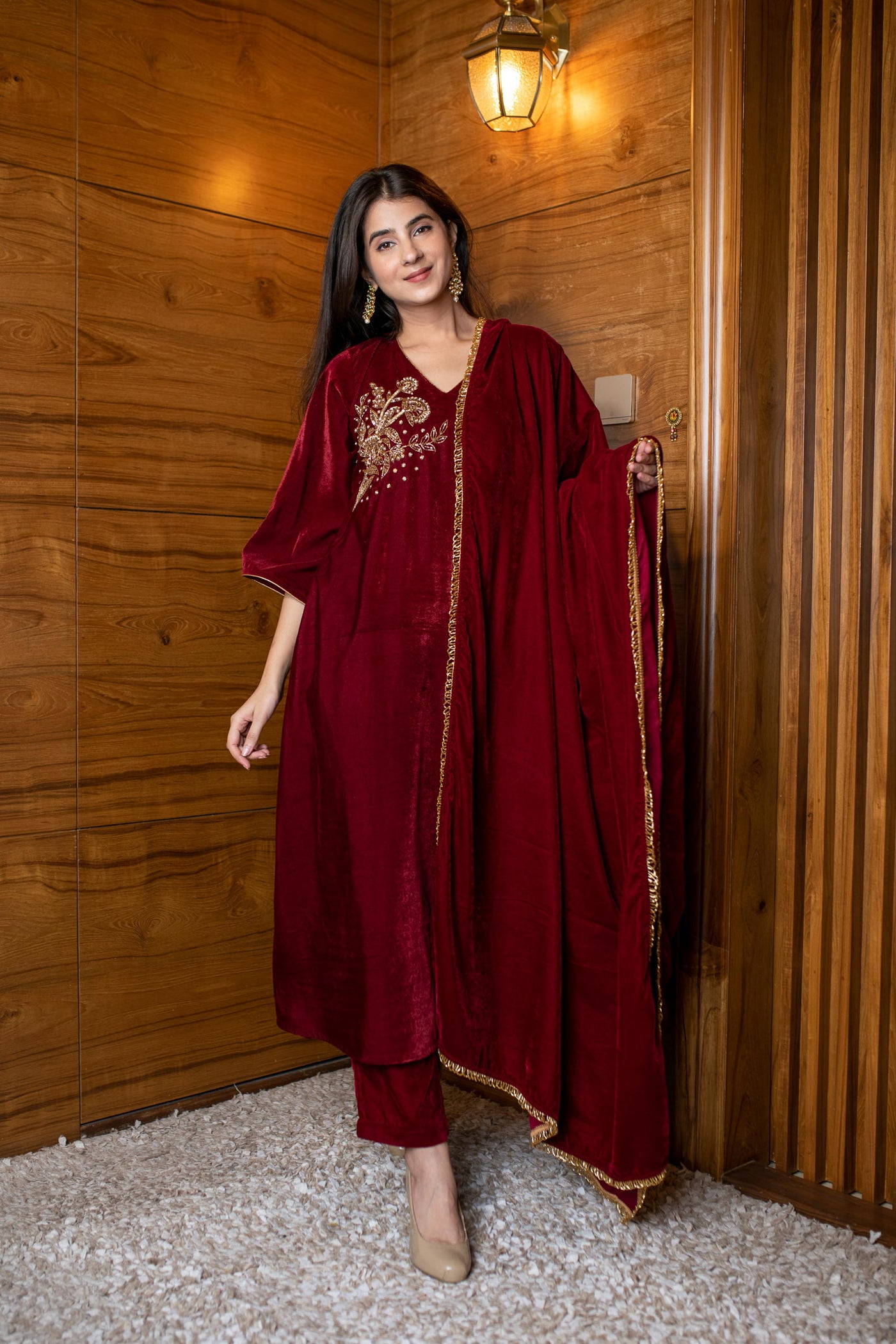 Women's Maroon Velvet Hand Work Kurta Set
