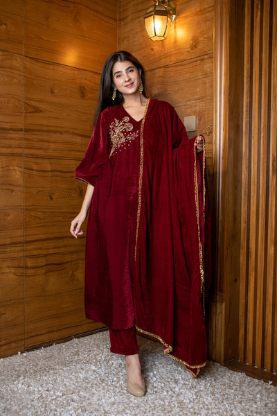 Women's Maroon Velvet Hand Work Kurta Set