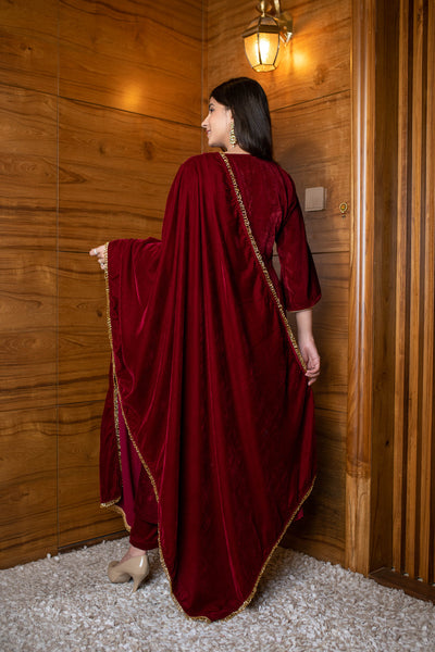 Women's Maroon Velvet Hand Work Kurta Set