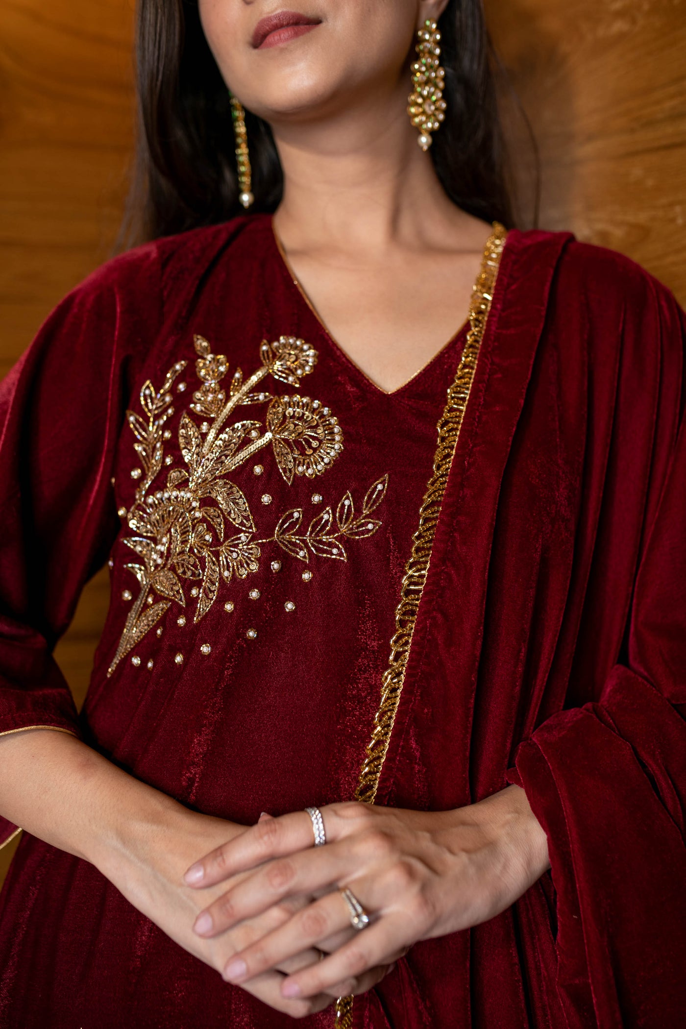 Women's Maroon Velvet Hand Work Kurta Set