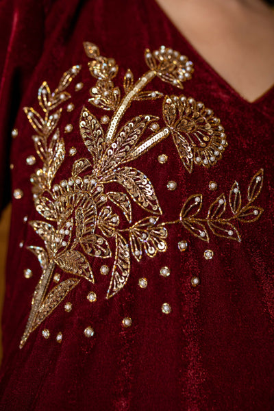 Women's Maroon Velvet Hand Work Kurta Set