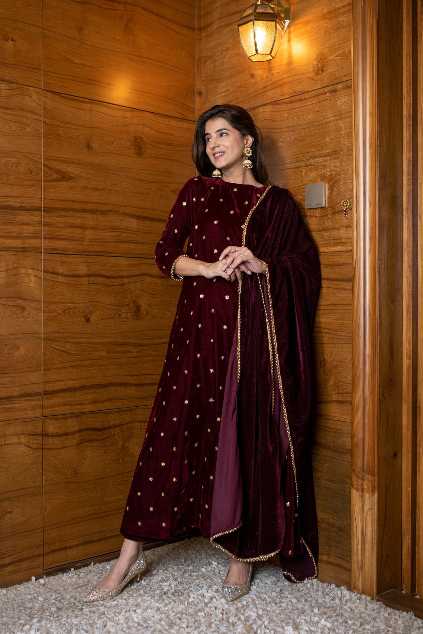 Women's Maroon Velevet A Line Kurta Set
