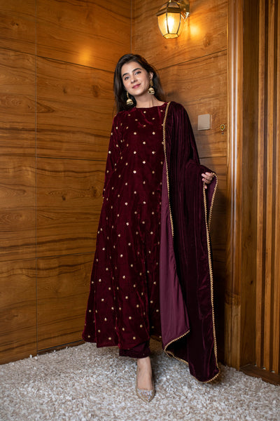 Women's Maroon Velevet A Line Kurta Set