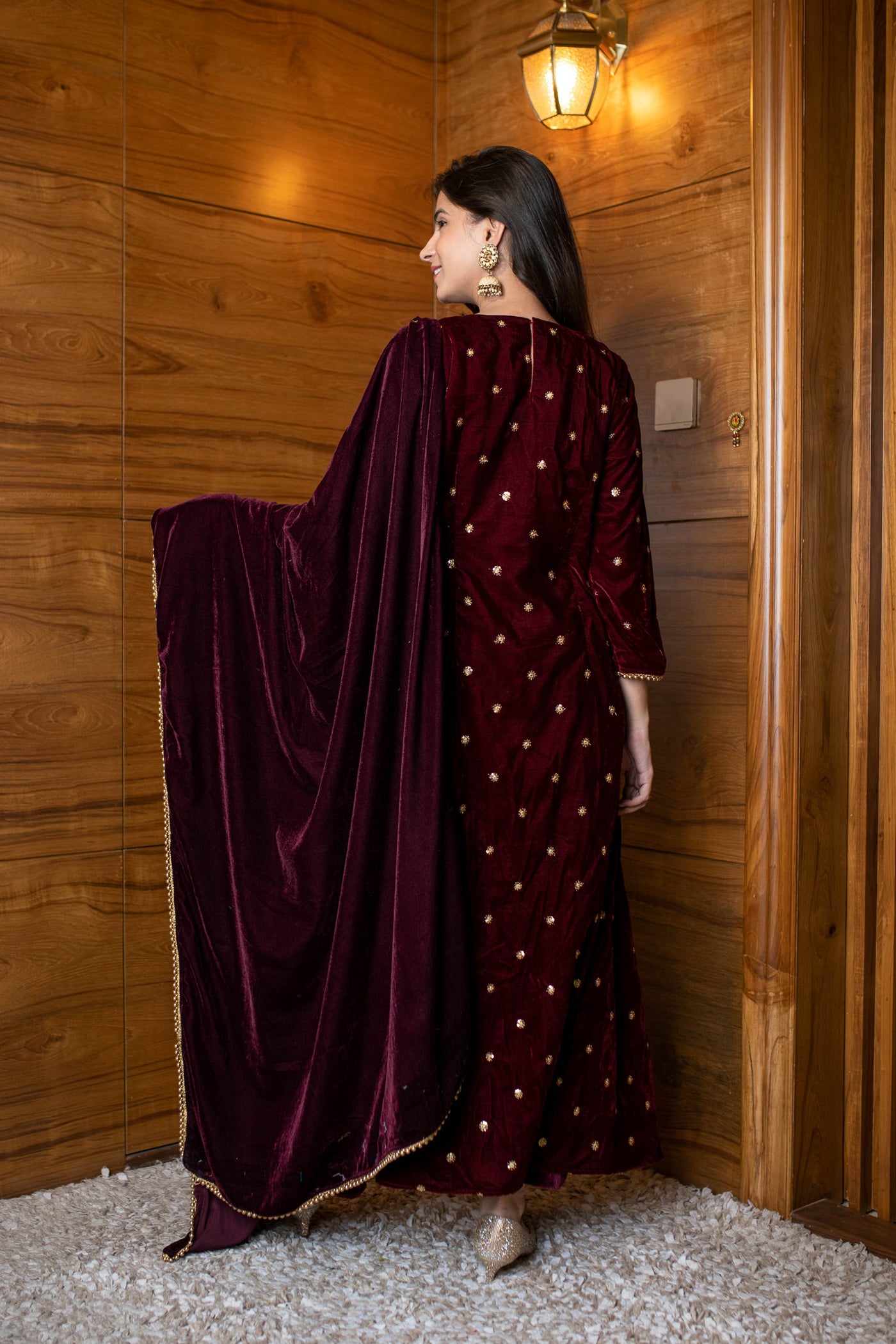 Women's Maroon Velevet A Line Kurta Set