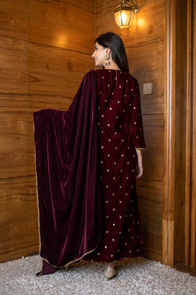 Women's Maroon Velevet A Line Kurta Set