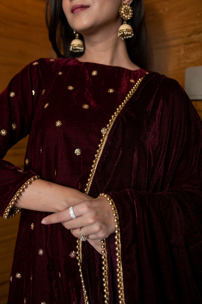 Women's Maroon Velevet A Line Kurta Set