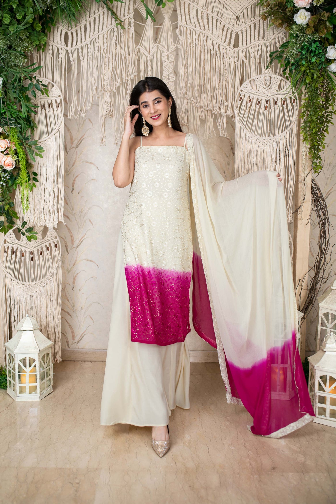 Women's Cream And Pink Kali Pallazo (3pcs Set)