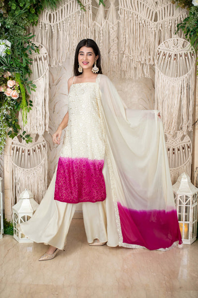 Women's Cream And Pink Kali Pallazo (3pcs Set)