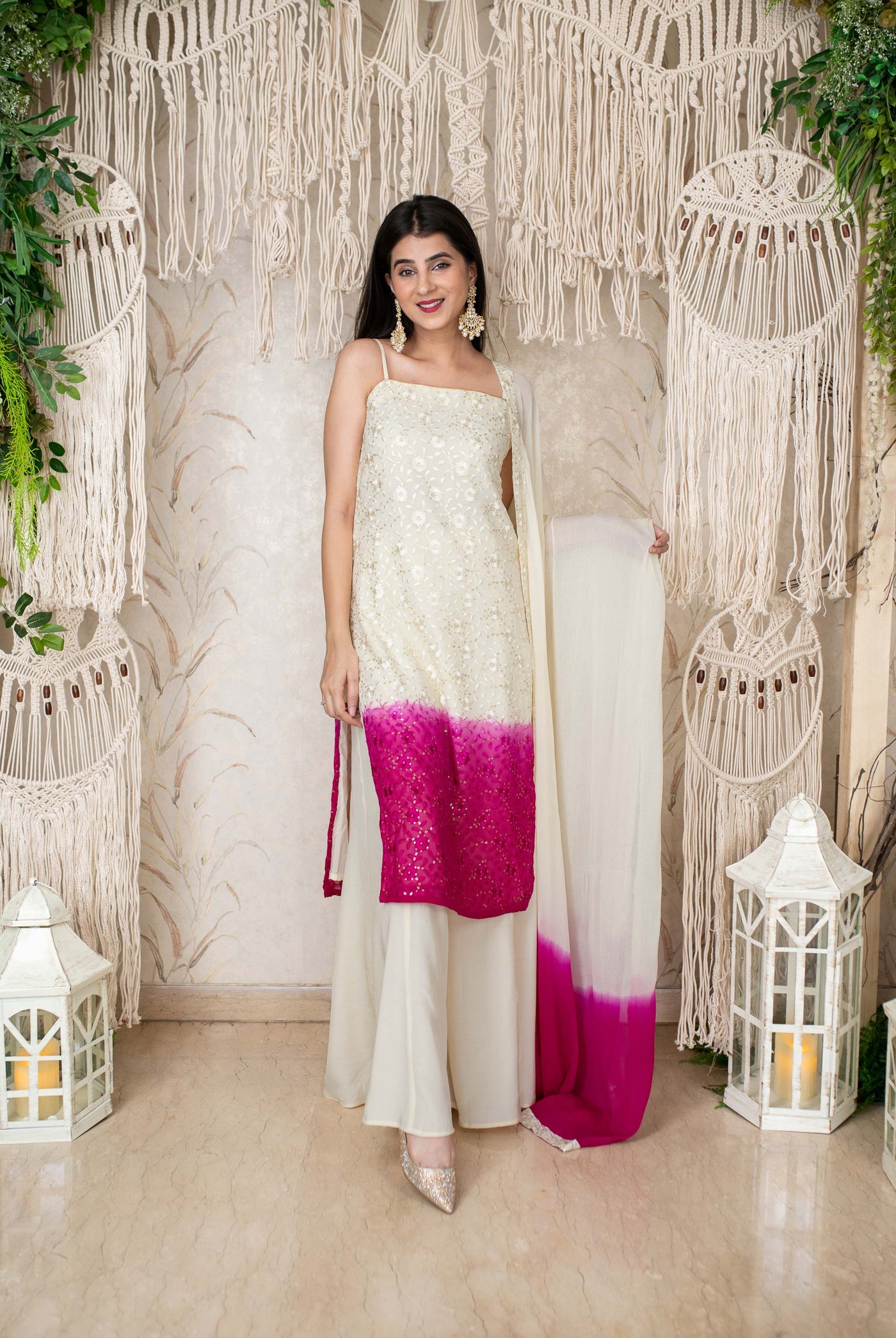 Women's Cream And Pink Kali Pallazo (3pcs Set)