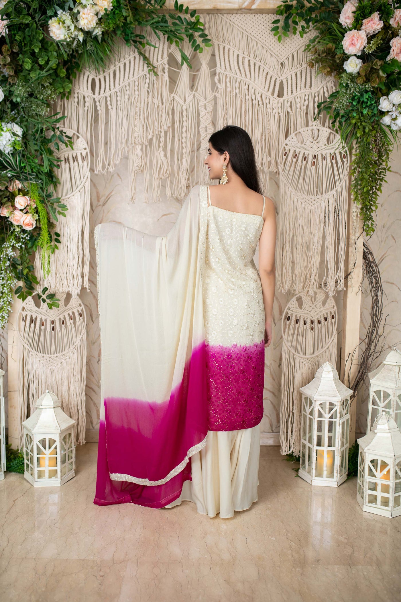 Women's Cream And Pink Kali Pallazo (3pcs Set)