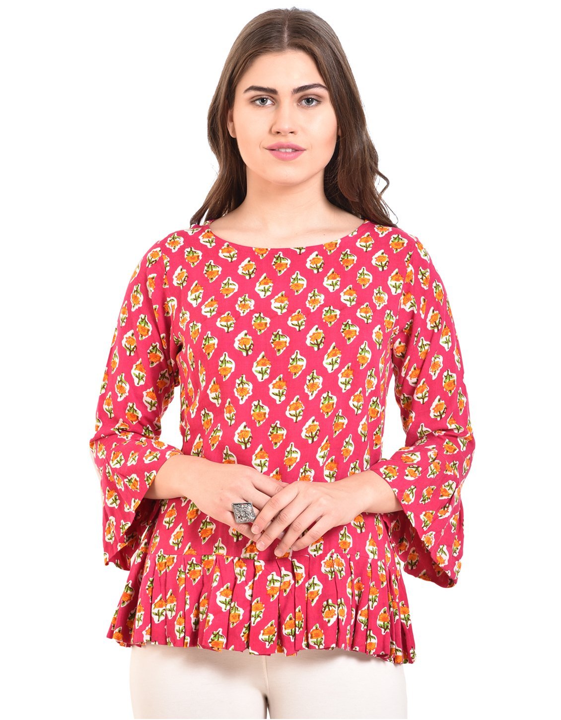 Women's Pink Printed Bell Sleeve Round Rayon Casual Top