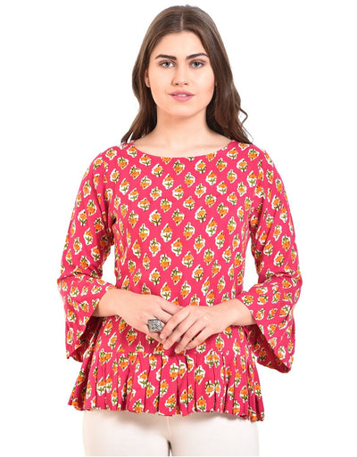 Women's Pink Printed Bell Sleeve Round Rayon Casual Top