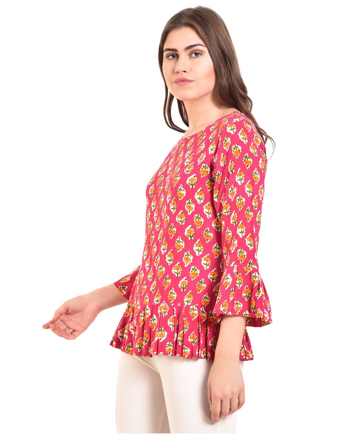 Women's Pink Printed Bell Sleeve Round Rayon Casual Top