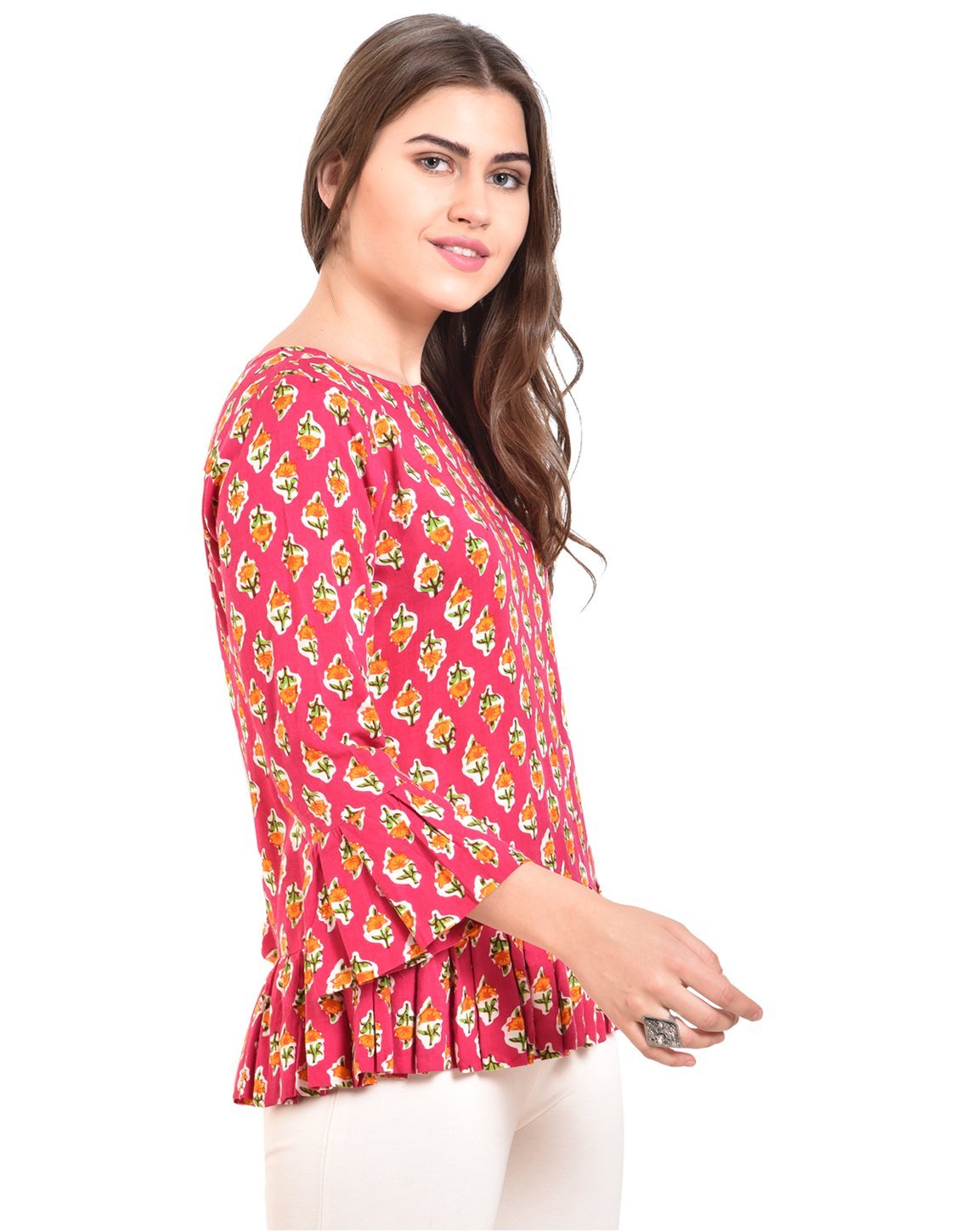 Women's Pink Printed Bell Sleeve Round Rayon Casual Top