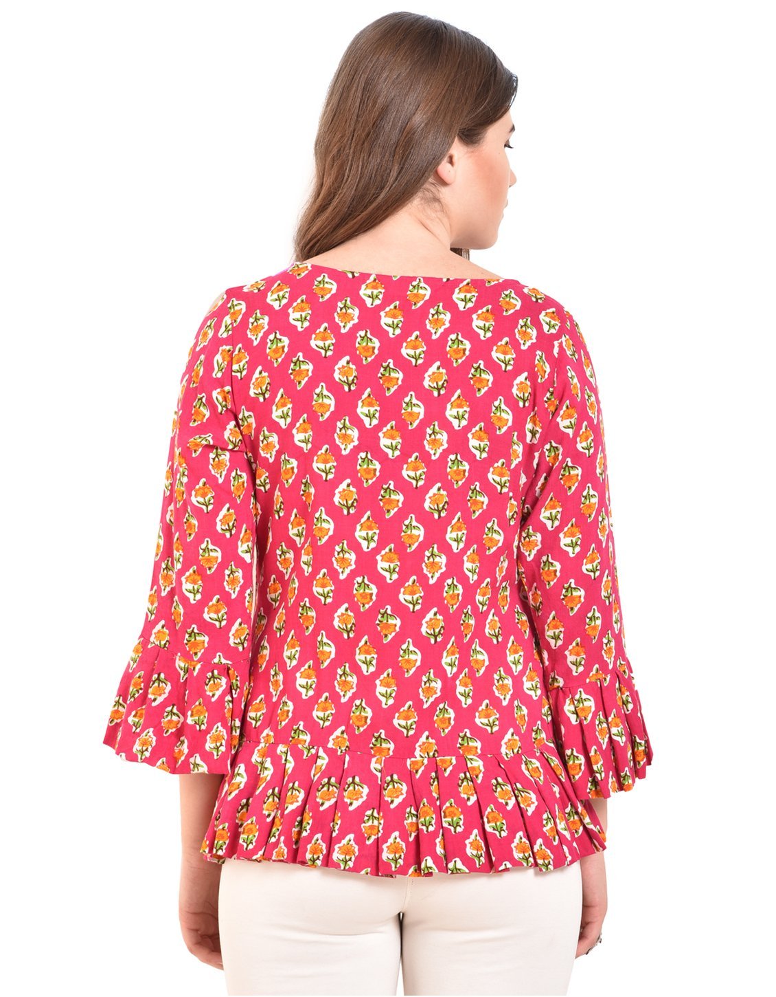 Women's Pink Printed Bell Sleeve Round Rayon Casual Top