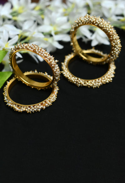 Women's Gold-Plated Beads Work Bangles With Rings