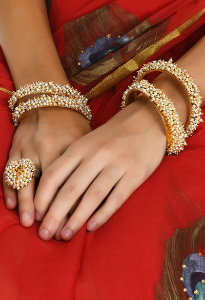 Women's Gold-Plated Beads Work Bangles With Rings