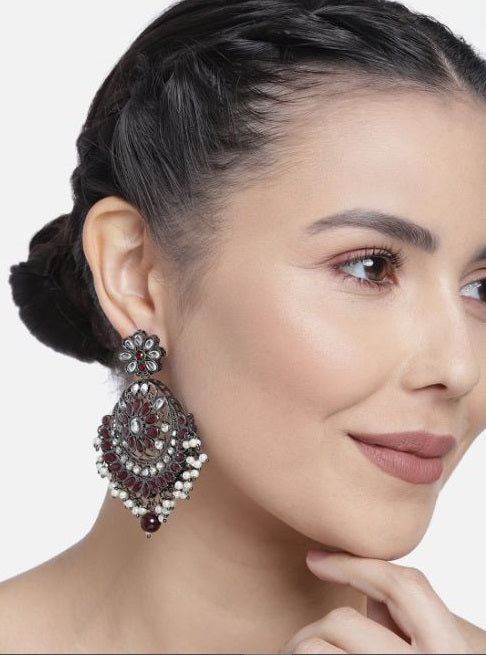 Women's I Jewels 18K Silver Oxidised Traditional Kundan & Stone Studded Chandbali Earrings (E2947Zm)